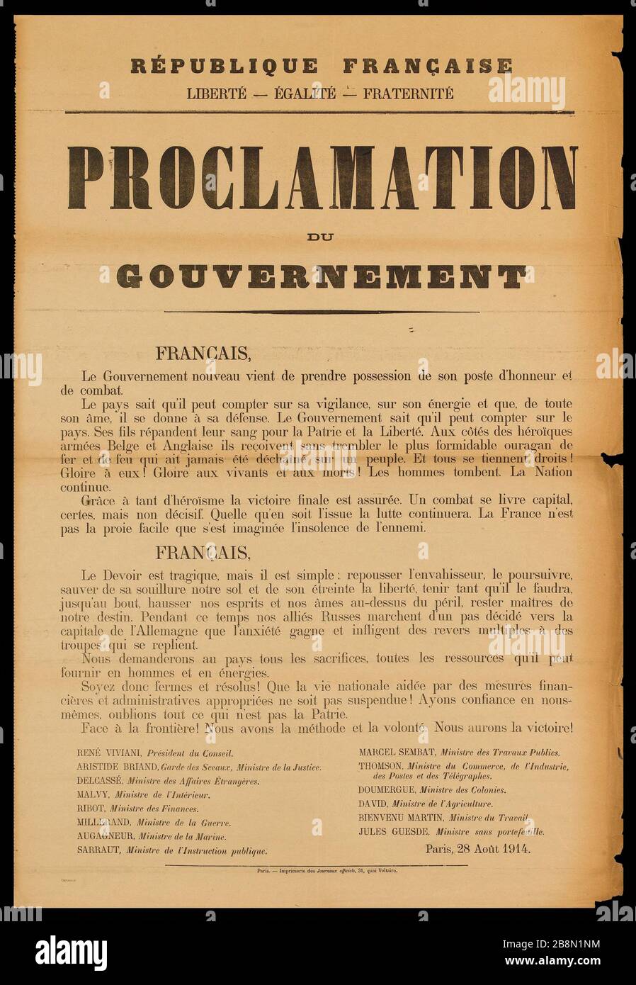 REPUBBLICA FRANCESE, LIBERTÀ - UGUAGLIANZA - FRATERNITÀ, PROCLAMAZIONE DEL GOVERNO FRANCESE AFFARI D'INFORMAZIONE. " proclama du gouvernement français". Typographie. 1914. Imprimerie des Journaux Officiels. Parigi, musée Carnavalet . Foto Stock