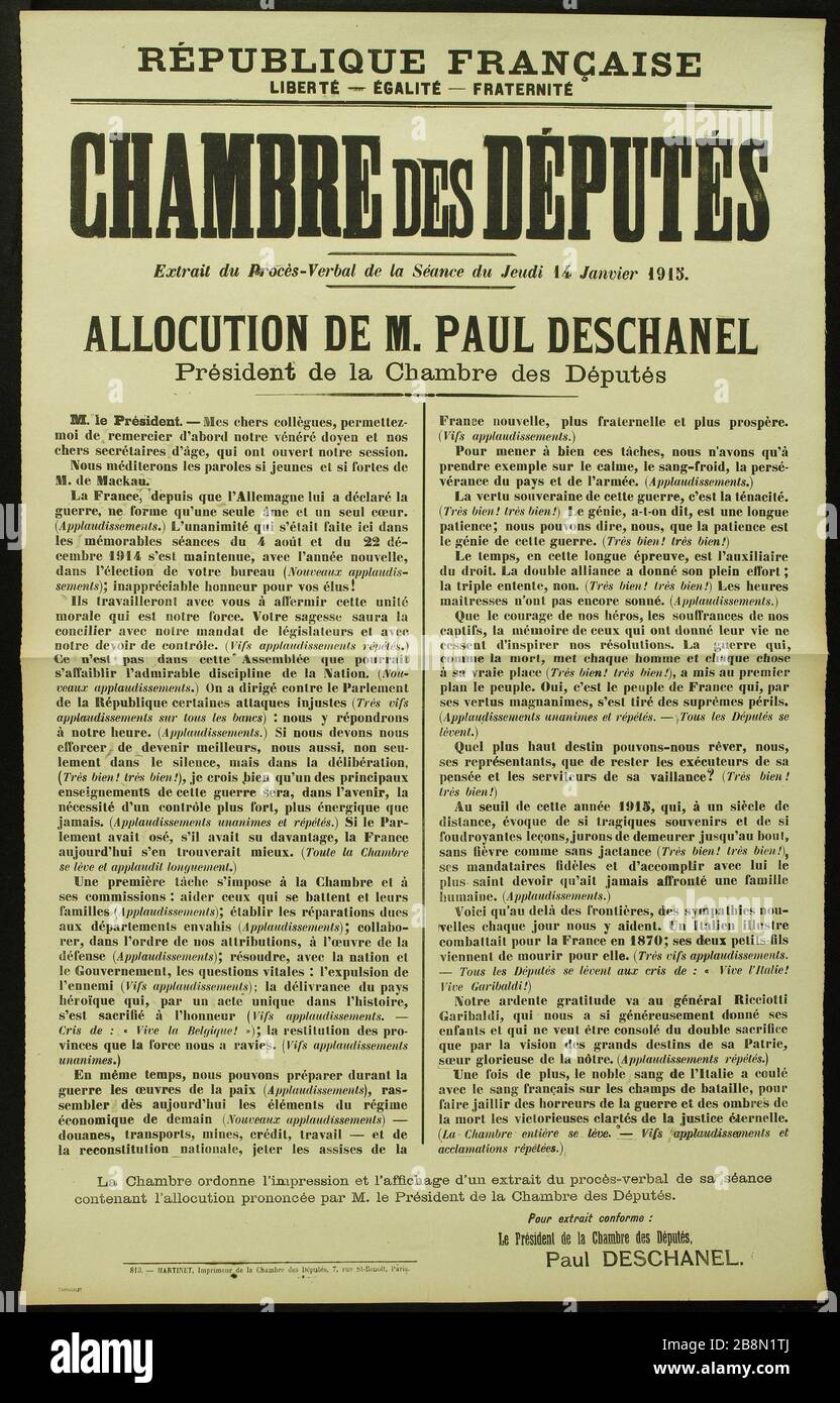 REPUBBLICA FRANCESE, LIBERTÀ - UGUAGLIANZA - FRATERNITÀ, CAMERA DEI DEPUTATI, verbale della sessione del giovedì 14 gennaio 1915. Esempio DI INTERVENTO DI PAUL DESCHANEL Presidente della Camera dei deputati Martinet, Imprimeur de la Chambre des Députés. REPUBLIQUE FRANCAISE,LIBERTE - EGALITE - FRATERNITE, CHAMBRE DES DEPUTES, Extrait du Procès-verbal de la Séance du Jeudi 14 Janvier 1915. ALLOCUTION DE M. PAUL DESCHANEL Président de la Chambre des Députés. Typographie. 1915. Parigi, musée Carnavalet. Foto Stock