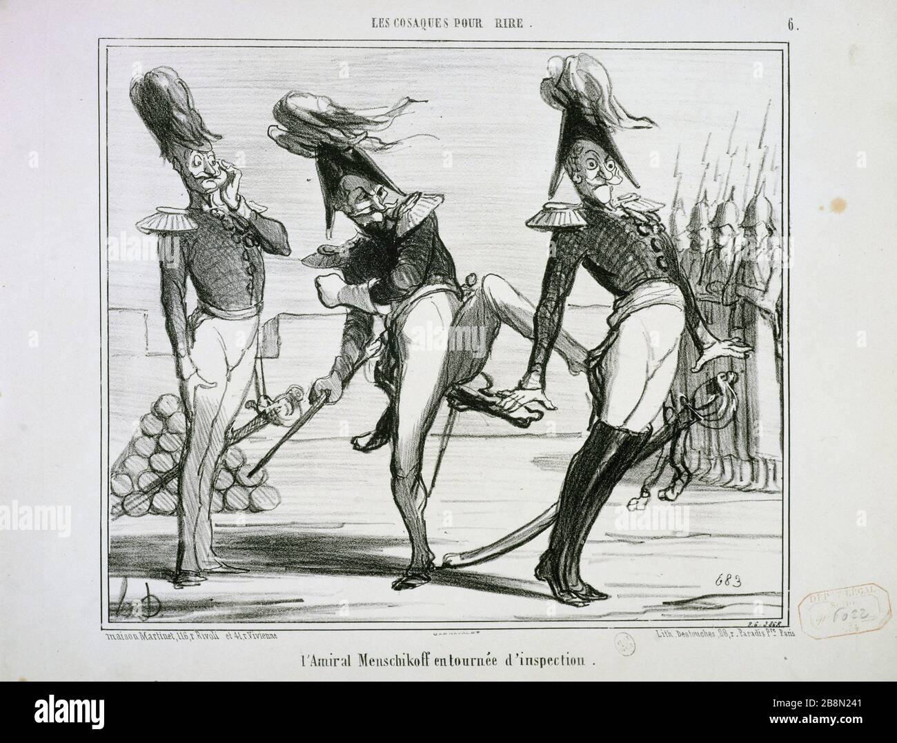 I COSACCHI PER RISATE - NUMERO 6 - AMMIRAGLIO MENSCHIKOFF IN VISITA HONORÉ DAUMIER (1808-1879). "Les Cosaques pour rire, numéro 6 - l'Amiral Menschikoff en tournée d'inspection". Lithographie. Parigi, musée Carnavalet. Foto Stock