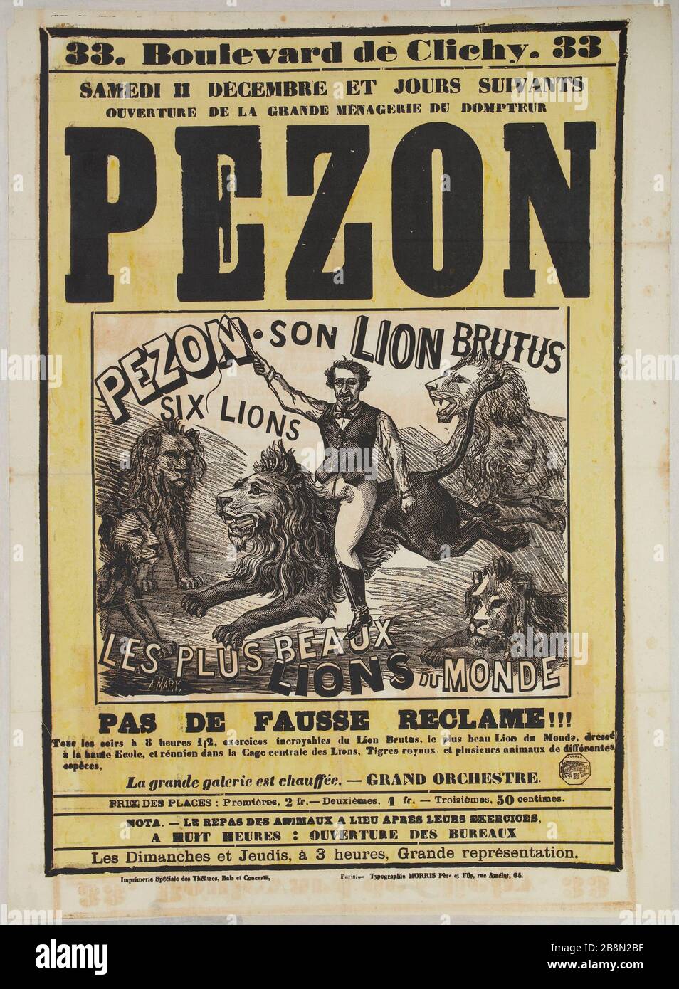 33 BOULEVARD DE CLICHY, APERTURA DELLA GRANDE MENAGERIE DOMPTEUR PEZON ADRIEN MARY. '33, boulevard de Clichy, Ouverture de la grande Ménagerie du dompteur Pezon'. Typographie, 1880-1900. Parigi, musée Carnavalet. Foto Stock