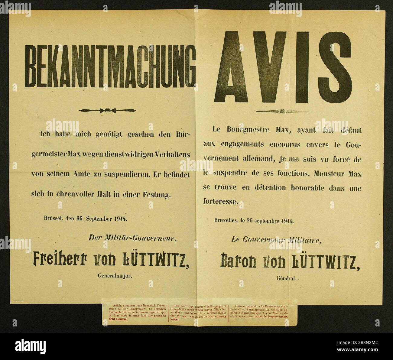 AVVISO, ho visto costretto a sospendere il sindaco Max per il comportamento di servizio da parte del suo ufficio. Anonyme. BEKANNTMACHUNG, Ich habe mich genötigt gesehen den Bürgermeister Max wegen dienstwidrigen Verhaltens von seinem AMTE zu suspendieren. Typographie. 1914. Parigi, musée Carnavalet. Foto Stock
