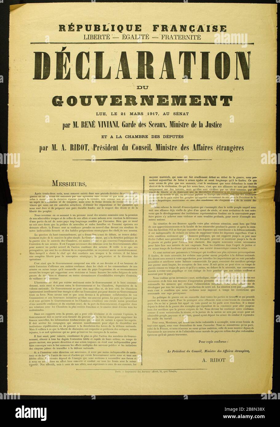 REPUBBLICA FRANCESE, LIBERTÀ - UGUAGLIANZA - FRATERNITÀ, DICHIARAZIONE DEL GOVERNO LEGGE IL 21 MARZO 1917, IL SENATO RENE Viviani, Ministro della Giustizia, Ministro della Giustizia E LA CAMERA DEI DEPUTATI di ma Ribot, Presidente del Consiglio, Ministro degli Affari Esteri Imprimerie des Journaux Officiels. REPUBLIQUE FRANCAISE, LIBERTE - EGALITE - FRATERNITE, DECLARATION DU GOUVERNEMENT LUE, LE 21 MARS 1917, AU SENAT par M. RENE VIVIANI, Garde des Sceaux, Ministre de la Justice ET A LA CHAMBRE DES DEPUTES par M. A. RIBOT, Président du Conseil, Ministre des Affaires étrangères. Typographie. 1917. Parigi Foto Stock