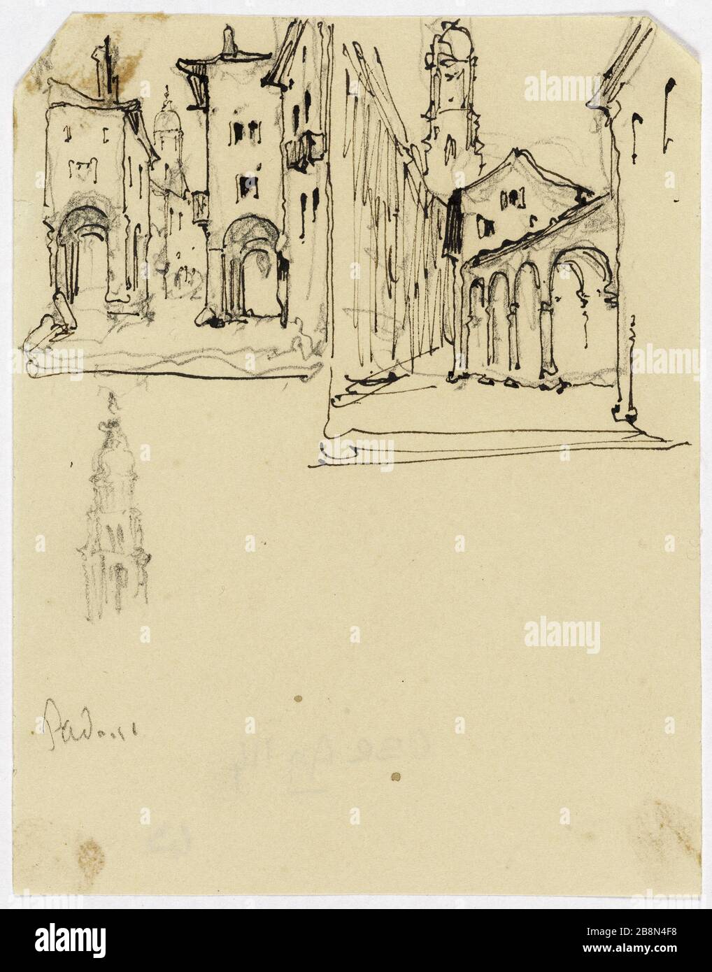 Piazza con portici (Padova) René Marjolin (1812-1895). Place avec portades, Padoue (Italie). Crayon grafite, plume et encre brune, 1801-1900. Parigi, musée de la vie romanticique. Foto Stock