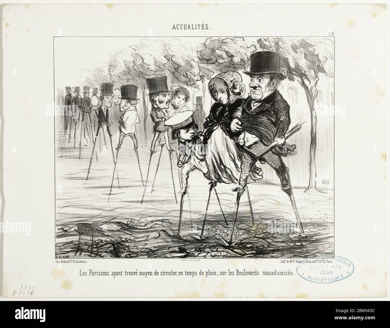 News, No. 156 - parigini che hanno trovato un modo di viaggiare sotto la pioggia, sui viali macadamized Honoré Daumier (1808-1879). actualités, n°156 - Les Parisiens ayant trouvé le moyen de circer en temps de pluie, sur les boulevards macadamisés. Lithographie en noir. Parigi, musée Carnavalet. Foto Stock