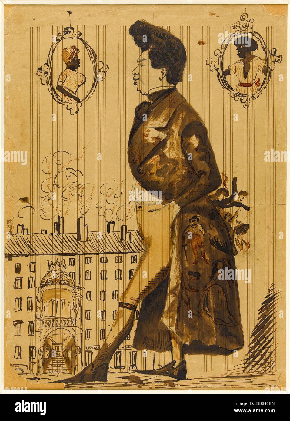 Carico verticale di Alexandre Dumas Ritratto carica d'Alexandre Dumas. Alexandre Dumas – dit aussi Alexandre Dumas père – écrivain français (1802-1870). Parigi, musée de la vie romanticique. Foto Stock