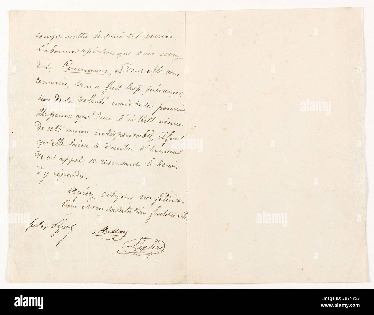 Album Asplet folio 71, lettera Besson Pyat e Leclerc loro amici cittadini Alexandre Besson (1758-1826). 'Album Asplet folio 71, lettre de Besson, Pyat et Leclerc à leurs amis citoyens'. Encre sur papier. 11 dicembre 1858. Parigi, Maison de Victor Hugo. Foto Stock