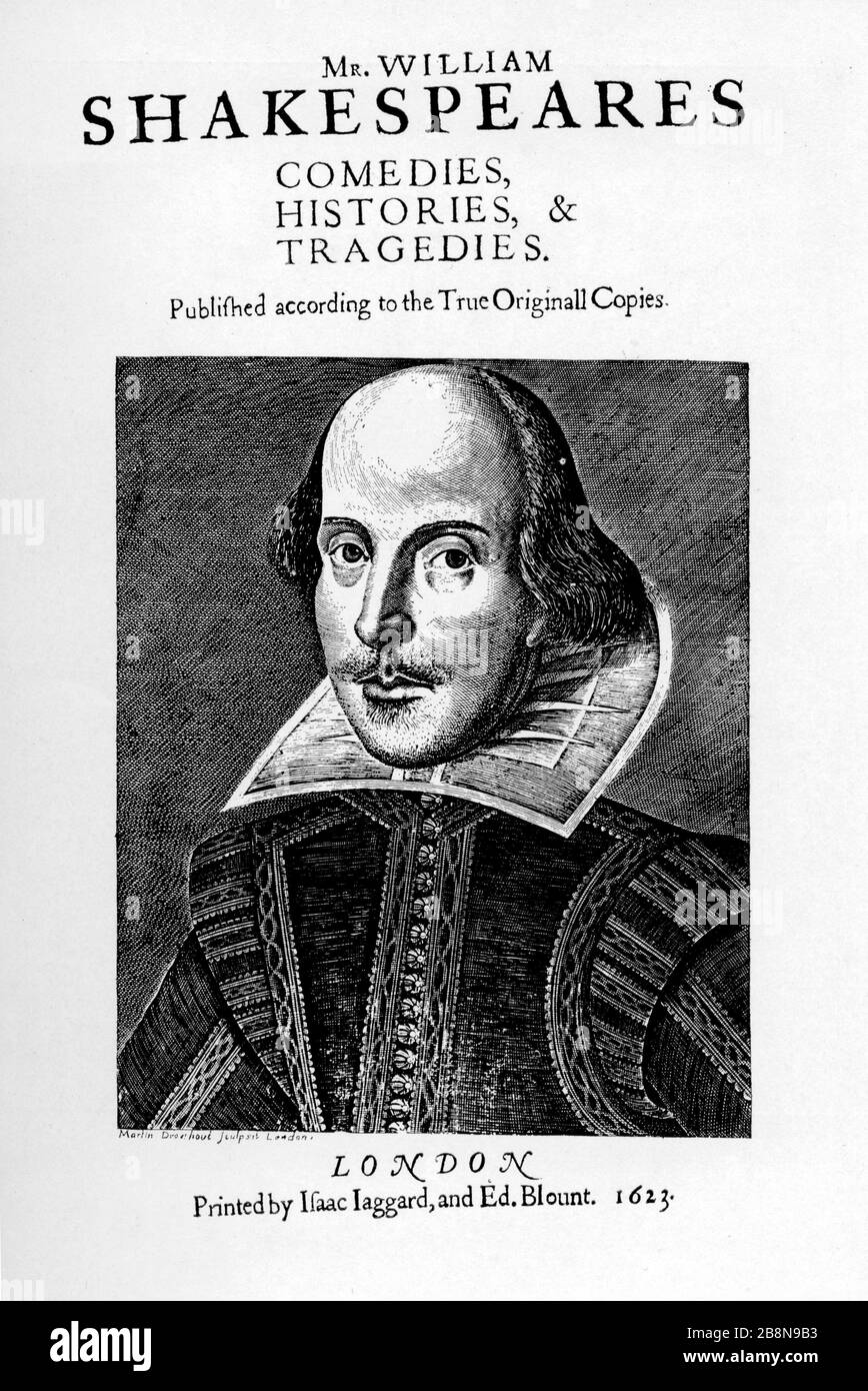 William Shakespeare commedie, storie e tragedie, 1623. Conosciuto anche come il primo Folio questa opera è la prima edizione raccolta delle opere di William Shakespeare, collata e pubblicata nel 1623, sette anni dopo la sua morte. Foto Stock