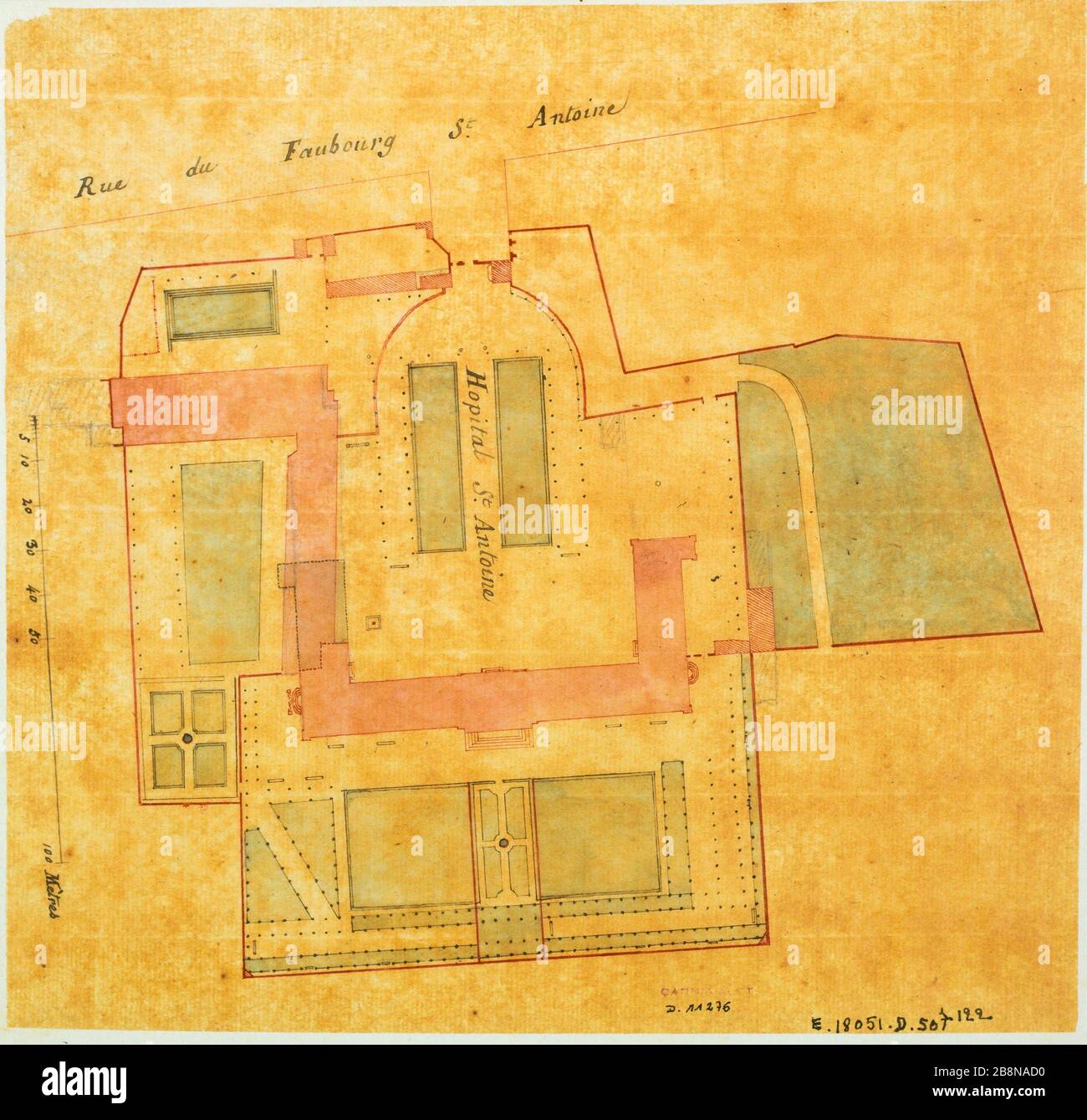 Mappa dell'Ospedale Saint Antoine, Faubourg Saint Antoine Via Anonyme. Plan de l'hôpital Saint Antoine, rue du Faubourg Saint Antoine. Parigi (XIIème arr.). Plume, encré noire, rouge, lavis bleu et rose sur calque. Parigi, musée Carnavalet. Foto Stock