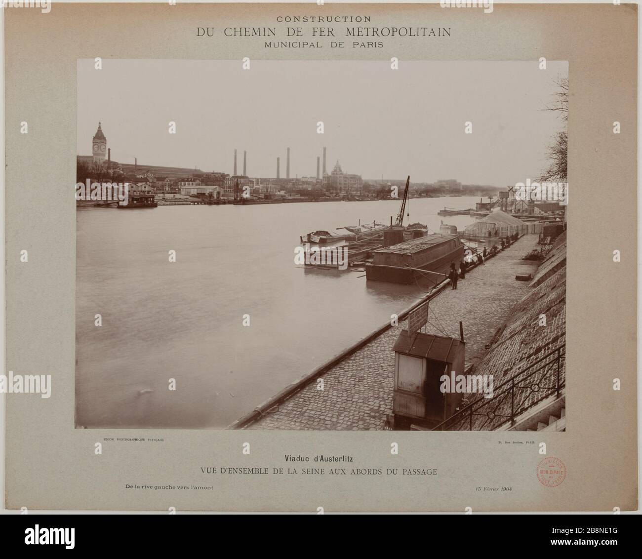 Costruzione / la via del ferro metropolitano / Città di Parigi / Austerlitz Viadotto / Panoramica della Senna vicino al passo / dalla riva sinistra a monte. Costruzione della ferrovia metropolitana - Austerlitz Viadotto, panoramica costruzione du Chemin de fer métropolitain. Viaduc d'Austerlitz, vue d'ensemble de la Seine aux abords du Passage. Parigi (XIII ème arr.). Union Photographique Française. Tiraggio gélatino-clorure d'argent. 15 février 1904. Parigi, musée Carnavalet. Foto Stock