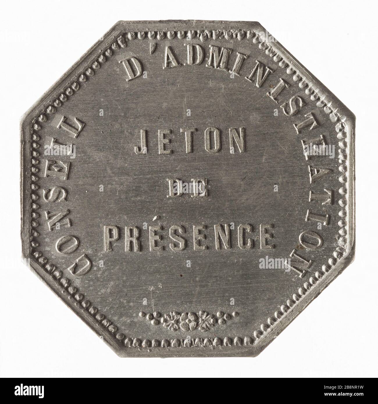 La quota di consiglio di amministrazione delle società miste Paris car a Saint-Cloud, XIX secolo 'Jeton de présence au conseil d'Administration des entreprises réunities de voitures de Paris à Saint-Cloud, XIXe siècle'. Métal. Parigi, musée Carnavalet. Foto Stock