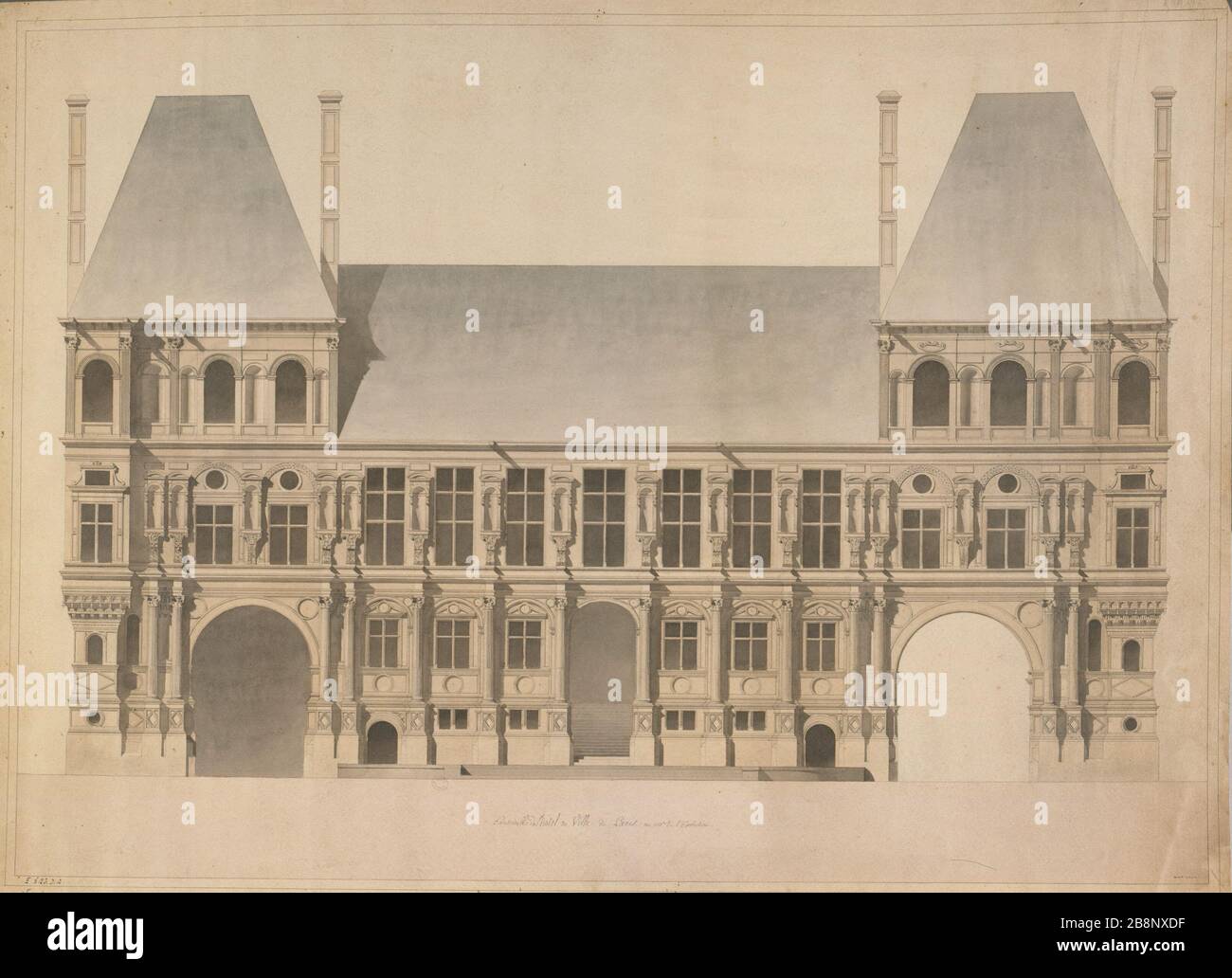 DI FRONTE AL CENTRO STORICO DI PARIGI HOTEL 'façade de l'ancien Hôtel de Ville de Paris'. Plume, encré noire, lavis de couleur. Parigi, musée Carnavalet. Foto Stock