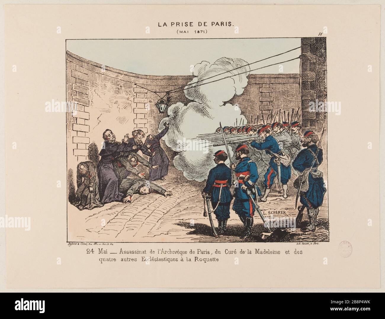 La presa di Parigi, nel maggio 1871, maggio 24 assassinio dell'Arcivescovo di Parigi Léonce Scherer. "La pry de Paris, mai 1871, 24 mai, l'assassinat de l'archevêque de Paris". Lithographie coloriée. Parigi, musée Carnavalet. Foto Stock
