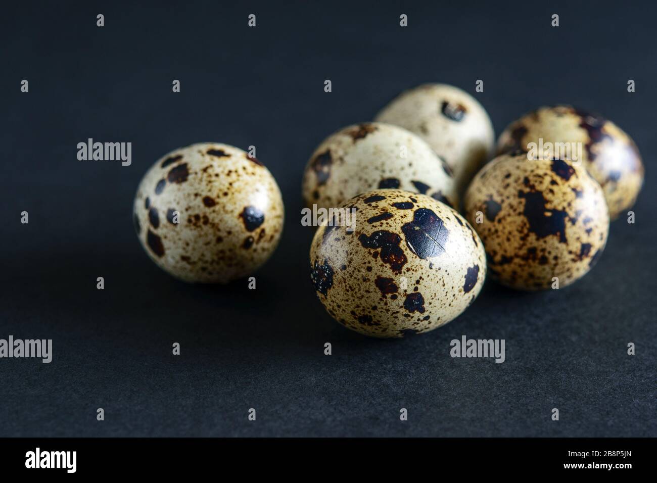 Quaglia uova macchiate sul primo piano di sfondo nero. Texture nera, modalità scura. Concetto di cibo sano. Foto Stock