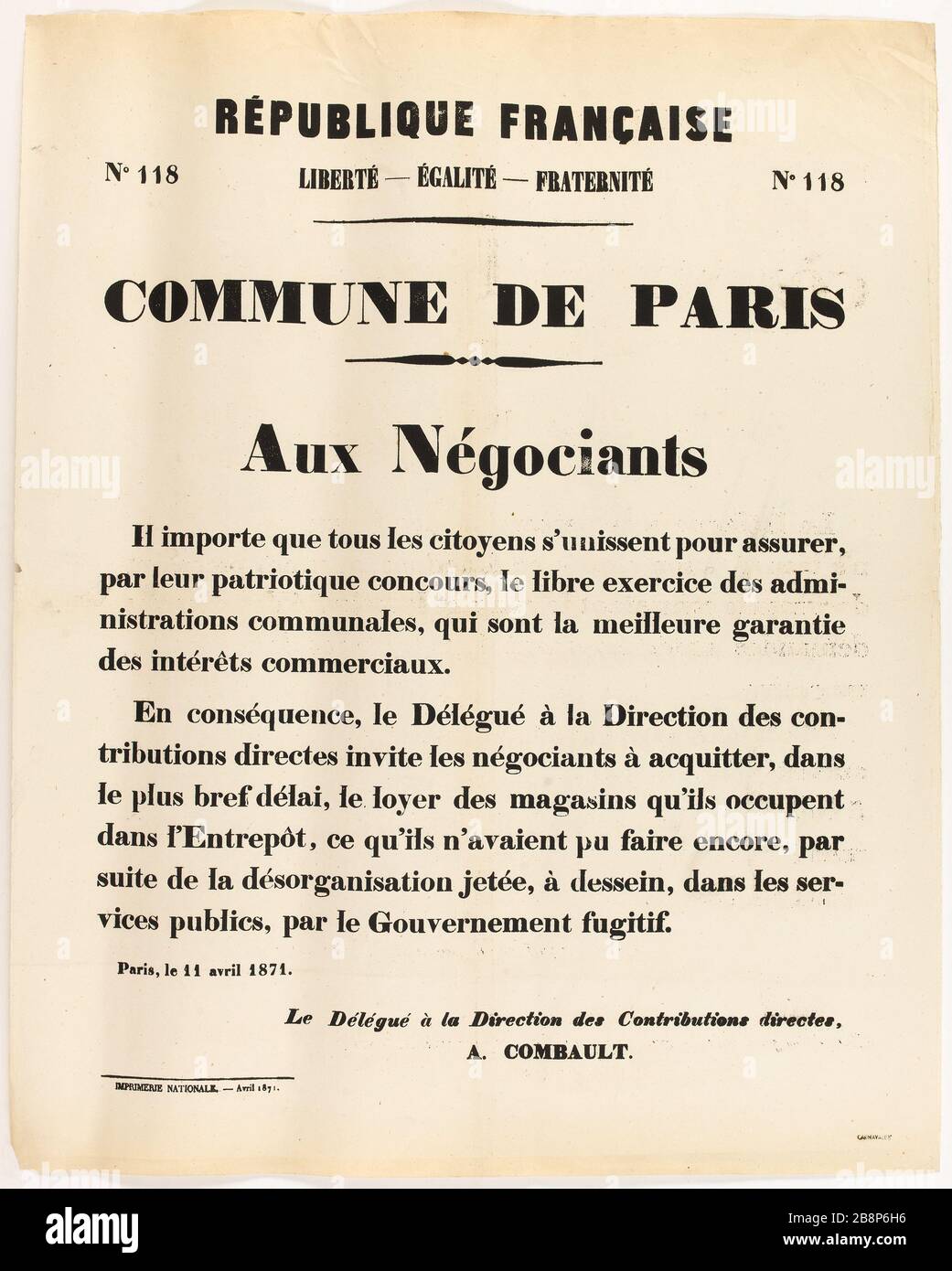 118 LIBERTÀ - UGUAGLIANZA - FRATERNITÀ No. 118, COMUNE DI PARIGI, per i commercianti 'République française, n° 118 Liberté - Egalité - Fraternité n° 118, commune de Paris, aux négociants'. Imprimerie Nationale. Typographie. 1871. Parigi, musée Carnavalet. Foto Stock