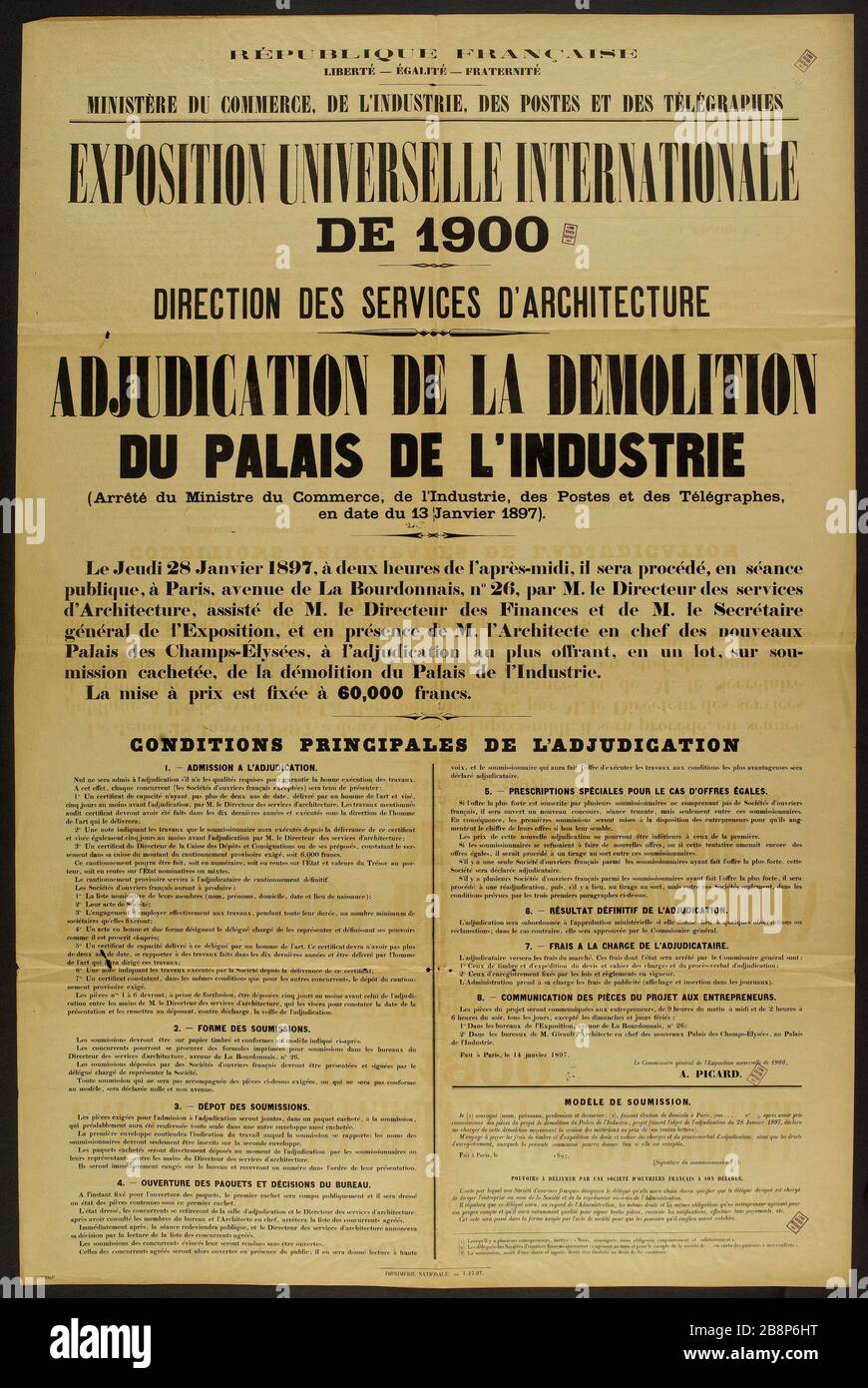 REPUBBLICA FRANCESE, LIBERTÀ - UGUAGLIANZA - FRATERNITÀ, MINISTERO DEL COMMERCIO, INDUSTRIA, POST E TELEGRAFO, EXPO INTERNATIONAL 1900 RAMO ARCHITETTONICO, ADJUCATION LA DEMOLIZIONE DEL PALAZZO DELL'INDUSTRIA AFFICHE CULTURELLE. "Exposition universelle internationale de 1900, direction des Services d'architecture, d'adiacation de la démolition du Palais de l'Industrie . Parigi (VIIIème arr.)'. Ministère du commerce, de l'industrie, des postes et des télégraphes. Typographie. 1897. Imprimerie Nationale. Parigi, musée Carnavalet . Foto Stock