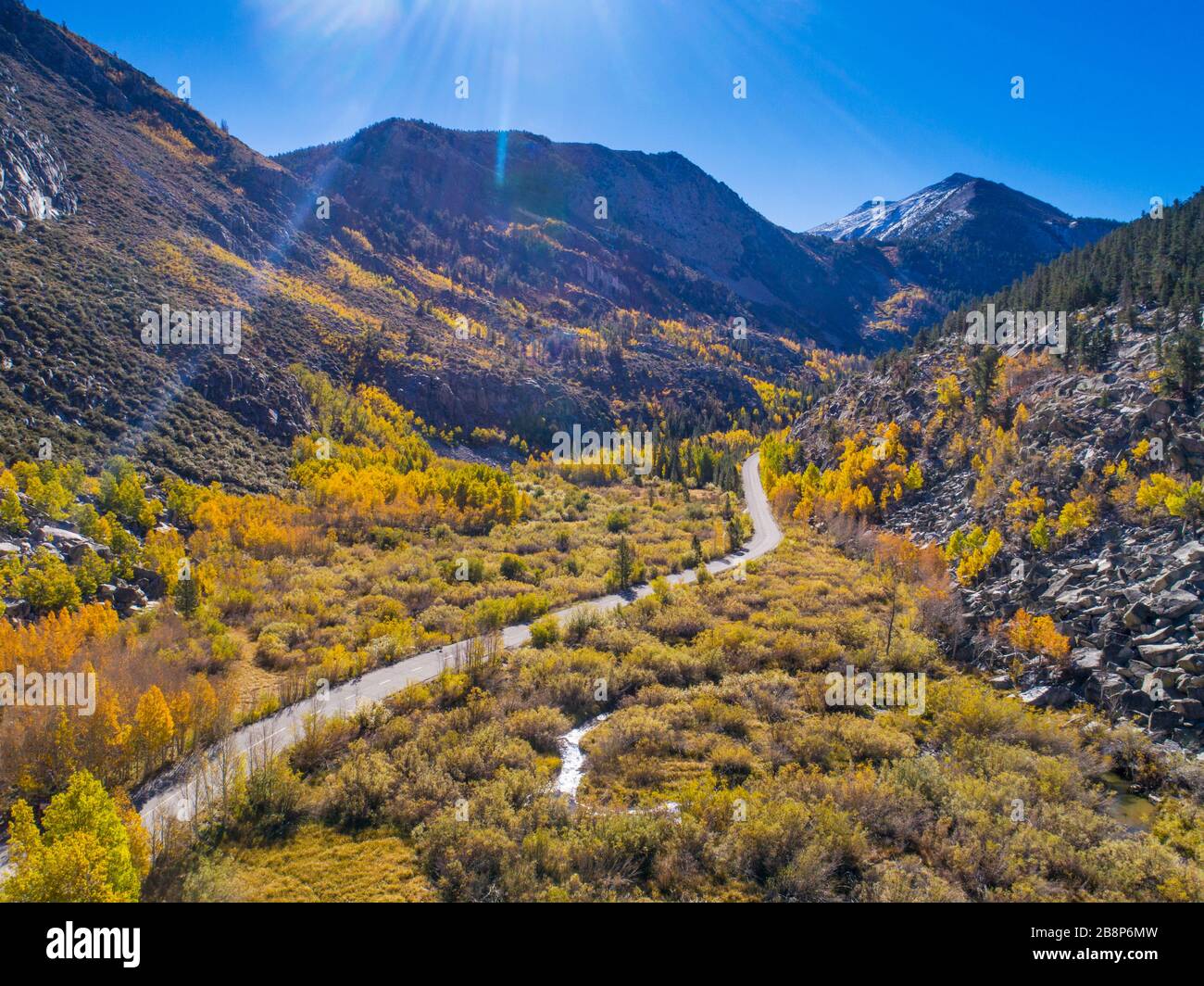 Una strada tortuosa passa da aspen caduta boschetti sulla strada per South Lake, Sierra Nevada Mountains, California Foto Stock