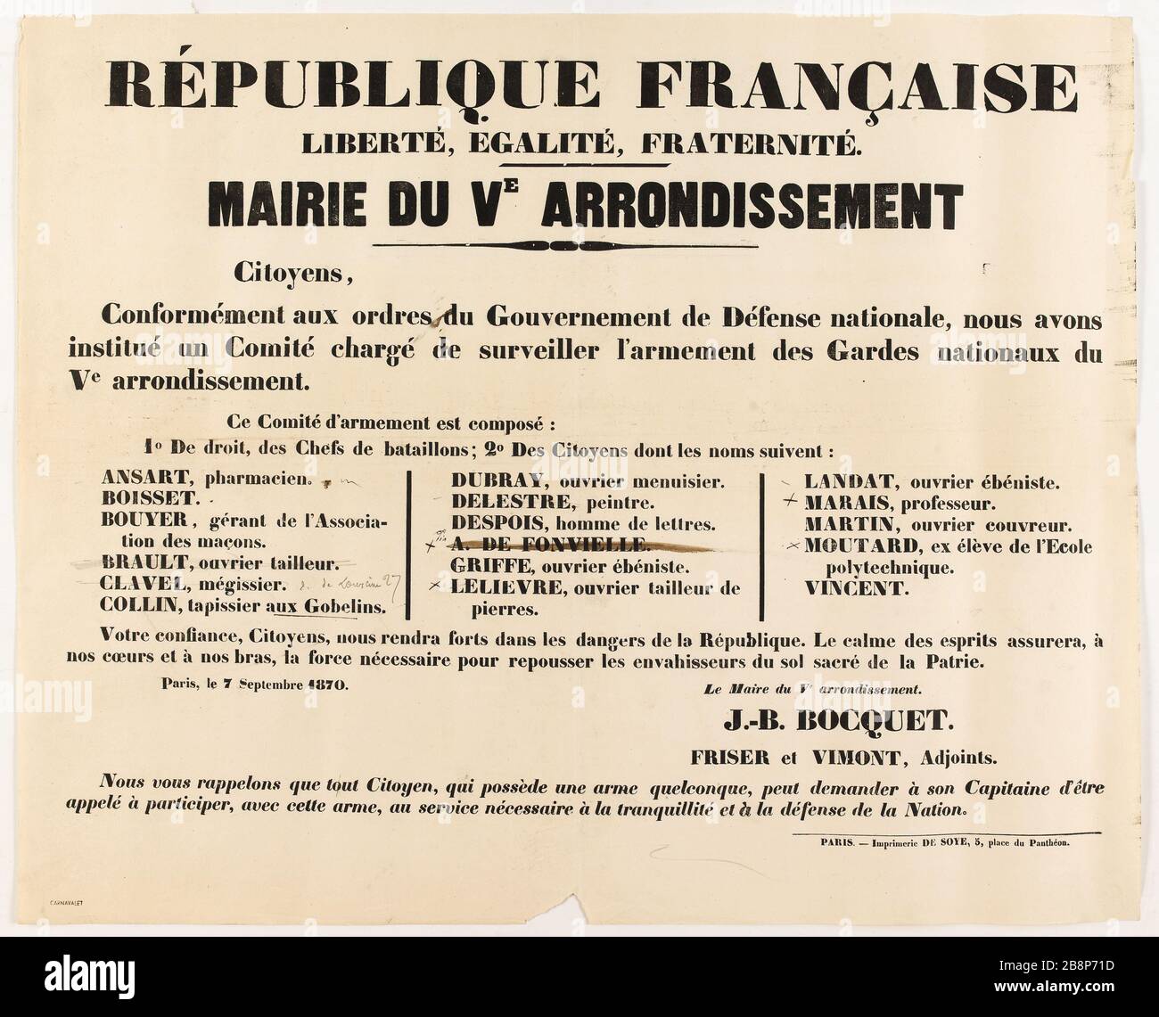 REPUBBLICA FRANCESE, LIBERTÀ, UGUAGLIANZA, FRATERNITÀ. CITTÀ DEL DISTRETTO V e, cittadini secondo gli ordini del governo della difesa nazionale, abbiamo istituito un Comitato 'République française, Liberté, Egalité, Fraternité. Mairie du VE circondario, citoyens, conformément aux ordres du gouvernement de défense nationale, nous avons institué un comité'. Imprimerie de Soye et fils. Typographie, 1870. Parigi, musée Carnavalet. Foto Stock