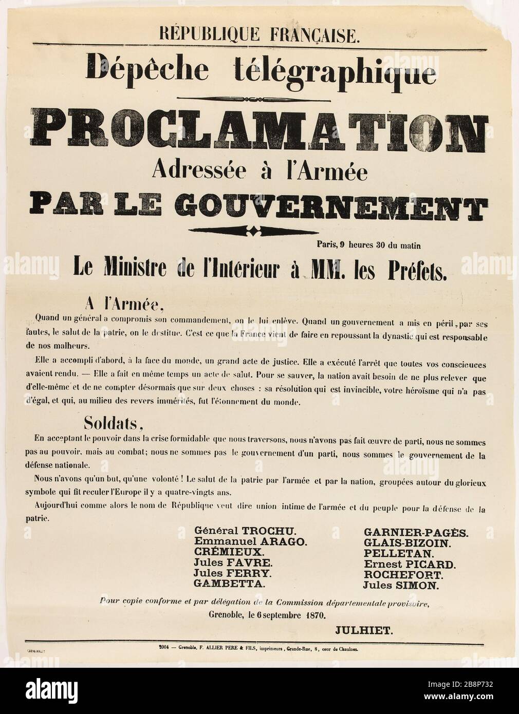 REPUBBLICA FRANCESE, telegramma, PROCLAMAZIONE indirizzata al GOVERNO dell'esercito "République française". Dépêche télégraphique, proclama adressée à l'armée par le gouvernement'. Allier et fils, imprimeurs de la Préfecture. Typographie, 1870. Parigi, musée Carnavalet. Foto Stock