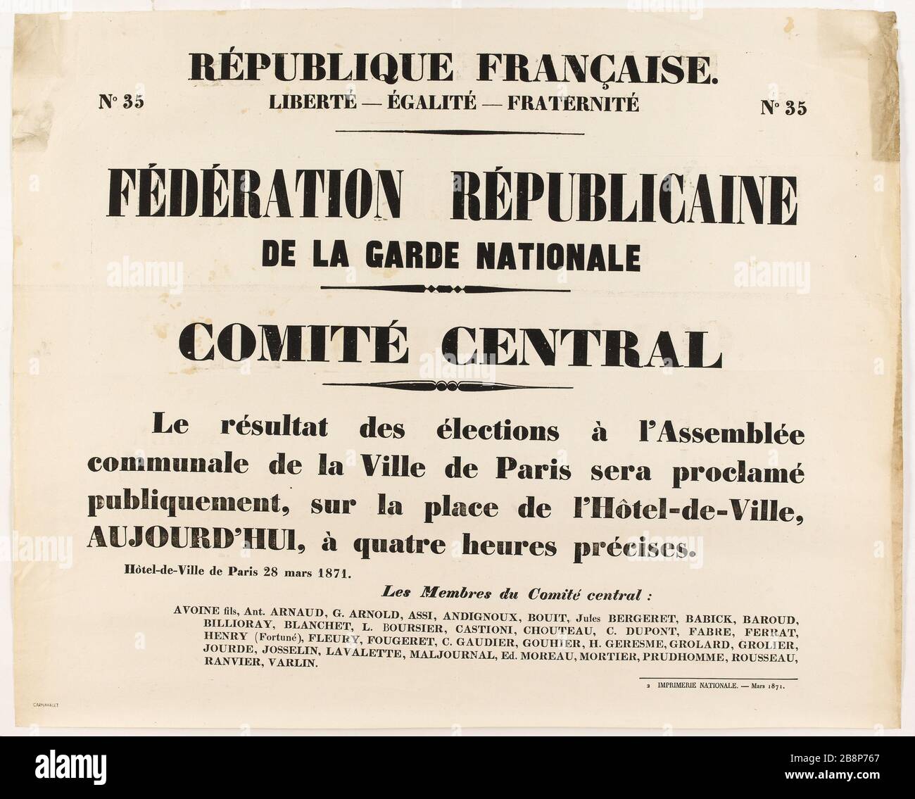 REPUBBLICA FRANCESE. 35 LIBERTÀ - UGUAGLIANZA - FRATERNITÀ No. 35 FEDERAZIONE DI GUARDIA NAZIONALE REPUBBLICANA, COMITATO CENTRALE, l'elezione all'Assemblea comunale della città di Parigi 'République française. n° 35 Liberté - Egalité - Fraternité n° 35, federazione républicaine de la garde nationale, comité Central, le résultat des élections à l'assemblée comune de la ville de Paris'. Imprimerie Nationale. Typographie. 1871. Parigi, musée Carnavalet. Foto Stock