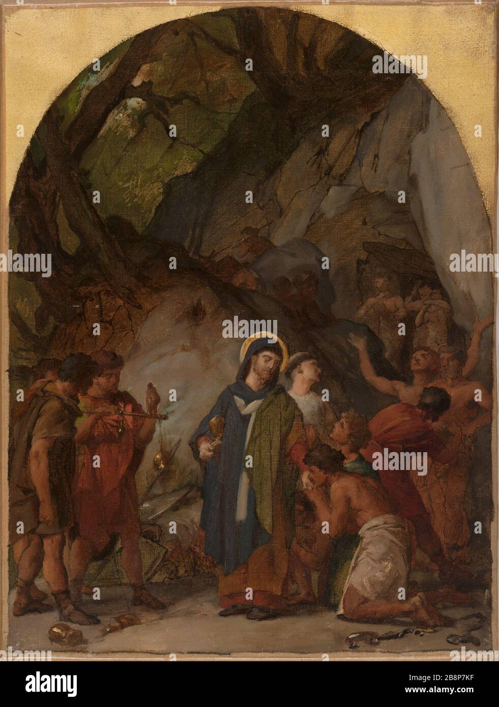 Disegno per la Chiesa di Sant'Ambrogio: Sant'Ambrogio, Vescovo di Milano, prenota i sacri vasi della sua chiesa per riscattare i prigionieri Jules Eugène Lenepveu (1819-1898). "Esquisse pour l'église Saint-Ambroise : Saint Ambroise, évèque de Milan, livre les vases sacrés de son église pour racheter ses prigioniers". Crayon et huile sur toile. 1873-1873. Musée des Beaux-Arts de la Ville de Paris, Petit Palais. Foto Stock