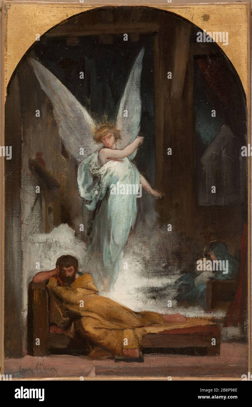 Schizzo per la Chiesa della Trinità: Il sogno di San Giuseppe Eugène Romain Thirion (1839-1910). "Esquisse pour l'église de la Trinité : le songe de Saint-Joseph". Huile sur toile. 1870-1870. Musée des Beaux-Arts de la Ville de Paris, Petit Palais. Foto Stock