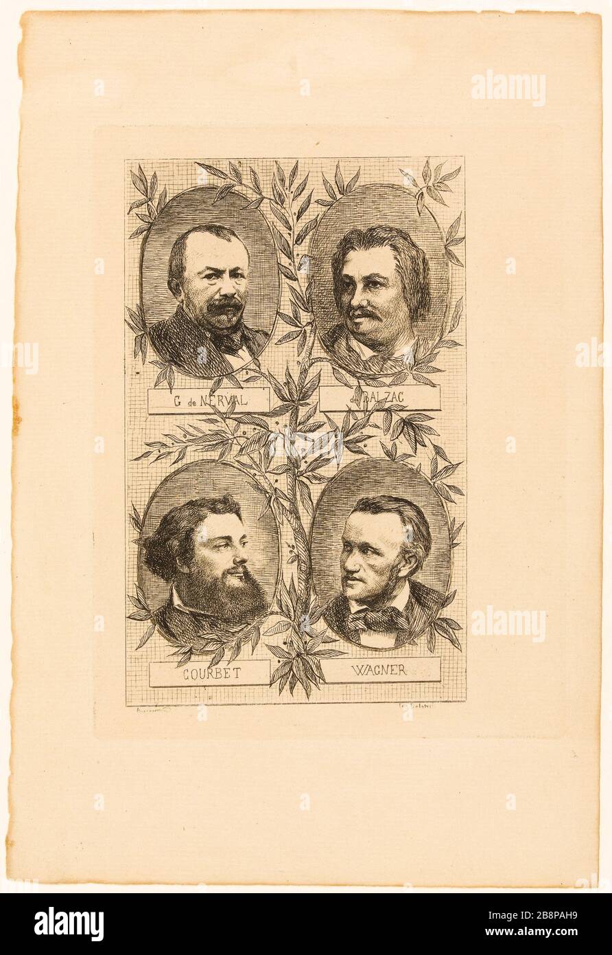 G. de Nerval. Balzac. Courbet. Wagner Bracquemond, Félix (1833-1914). "G. de Nerval. Balzac. Courbet. Wagner'. Balzac, Honoré de (1799-1850). Wagner, Richard (1813-1883). De Nerval, Gérard (1808-1855). Courbet, Gustave (1819-1877). eau-forte. 19ème siècle. Parigi, Maison de Balzac. Foto Stock