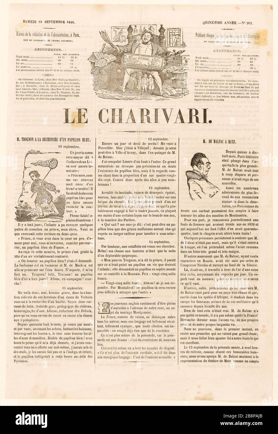Balzac a Metz, le Charivari, 19 settembre 1846 Monnier, Henry Bonaventure (1799-1877). 'Monsieur de Balzac à Metz, le Charivari, 19 settembre 1846'. Balzac, Honoré de (1799-1850). Gravure. 1846. Parigi, Maison de Balzac. Foto Stock