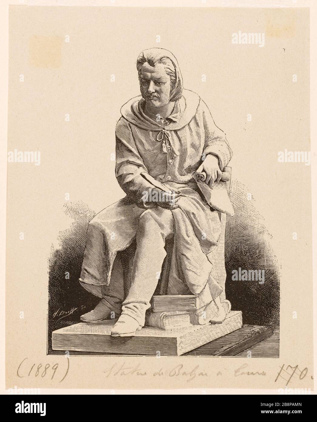 Balzac dopo la statua eretta a Tours nel 1889 Dochy, Henri Auguste (graveur). 'Balzac d'après la statua élevée à Tours en 1889'. Balzac, Honoré de (1799-1850). Gravure sur bois. 19ème siècle. Parigi, Maison de Balzac. Foto Stock