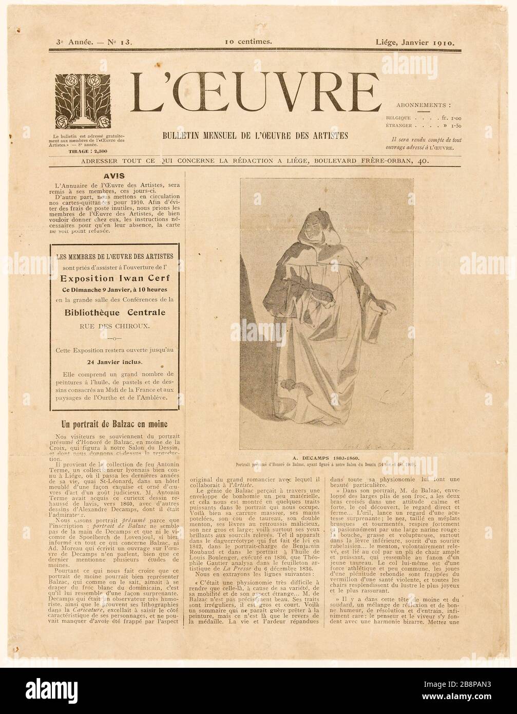 Presunto Ritratto di Honore de Balzac, che sono stati sulla nostra fiera del disegno (14 novembre-6dec 1909). Una rassegna dell'opera - newsletter mensile dell'opera degli artisti. Decampe, A (1803-1860). 'Portrait présumé d'Honoré de Balzac, ayant figuré à notre Salon du dessin (14 nov-6dec 1909). Une de la revue l'Œuvre - bollettino mensuel de l'œuvre des artistes'. Balzac, Honoré de (1799-1850). Riproduzione foto-mécanique. 1910. Parigi, Maison de Balzac. Foto Stock