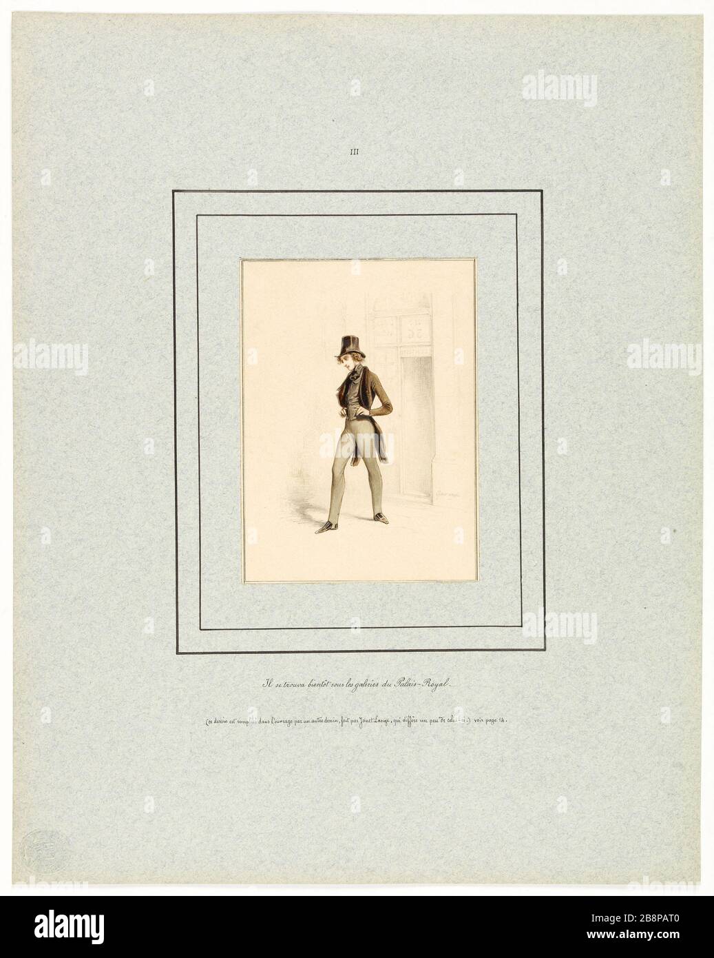 Presto si ritrovò nelle gallerie del Palais Royal (piatto III) Paul Gavarni (1804-1866). La Peau de Chagrin pour l'édition Delloye et Lecou (1838). "Il se trouva bientôt sous les galeries du Palais-Royal" (planche III). Illustrazione de l'œuvre d'Honoré de Balzac (1799-1850). Dessin à la mine de plomb et réhuts de gouache. 1838. Parigi, Maison de Balzac. Foto Stock