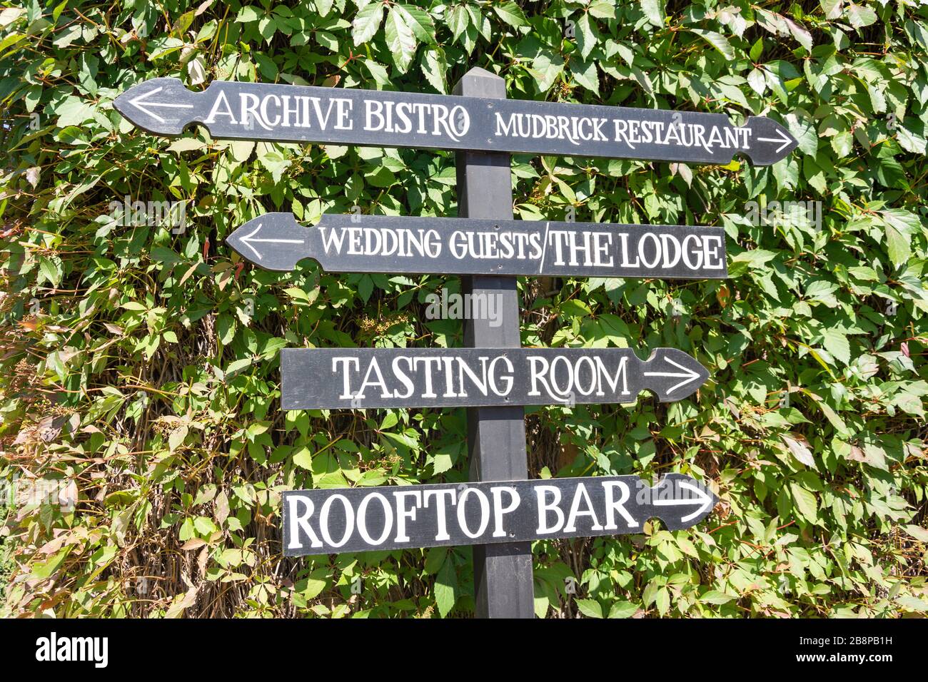 Indicazioni stradali per Mudbrick Vineyard & Restaurant, Church Bay Road, Oneroa, Waiheke Island, Hauraki Gulf, Auckland, Nuova Zelanda Foto Stock