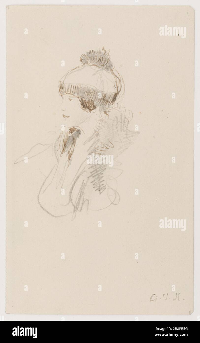 Giovane donna che indossa un cappello Georges Hugo (1868-1925). Jeune femme coiffée d'un chapeau. Crayon de grafite et encre. Parigi, Maison de Victor Hugo. Foto Stock