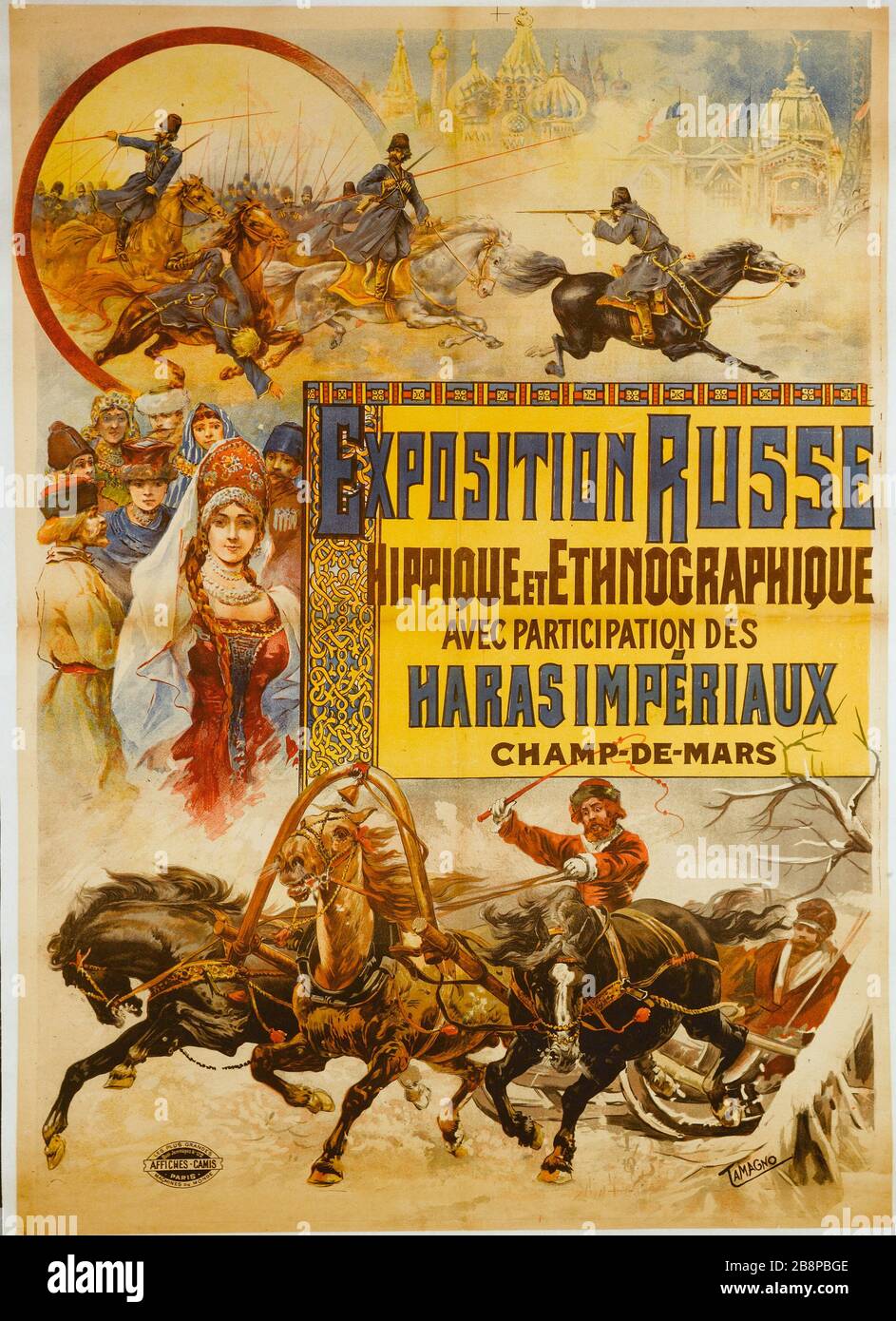 EQUINE RUSSO ESPOSIZIONE ETNOGRAFICA, CHAMP DE MARS Nicolas Tamagno (né it 1862). Esposizione Russe Hippique et Ethnographique, Champ-de-Mars. Affiche. Imprimerie Camis. Lithographie couleur, 1895. Parigi, musée Carnavalet. Foto Stock