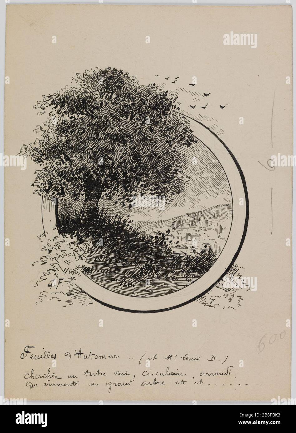 Cappuccio di caduta 'o' per il capitolo 'foglie d'autunno'. Illustrazione per il 'Libro d'Oro di Victor Hugo Gustave Fraipont (1849-1923). 'Lettrine 'o' pour le chapitre 'Les Feuilles d'automne'. Illustrazione pour le 'Livre d'or de Victor Hugo''. Encre sur papier. 1882. Parigi, Maison de Victor Hugo. Foto Stock