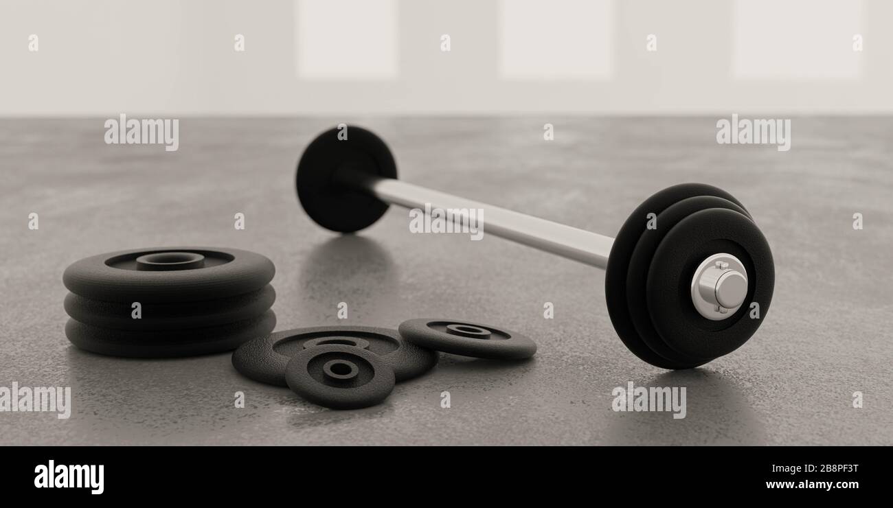 manubri lunghi in metallo e pesi neri sul pavimento della palestra e sfondo  bianco rendering di illustrazioni 3d Foto stock - Alamy