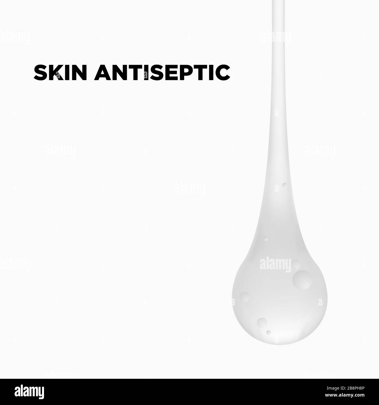Ampia goccia trasparente di antisettico su sfondo bianco modello di disegno con spazio vuoto Foto Stock