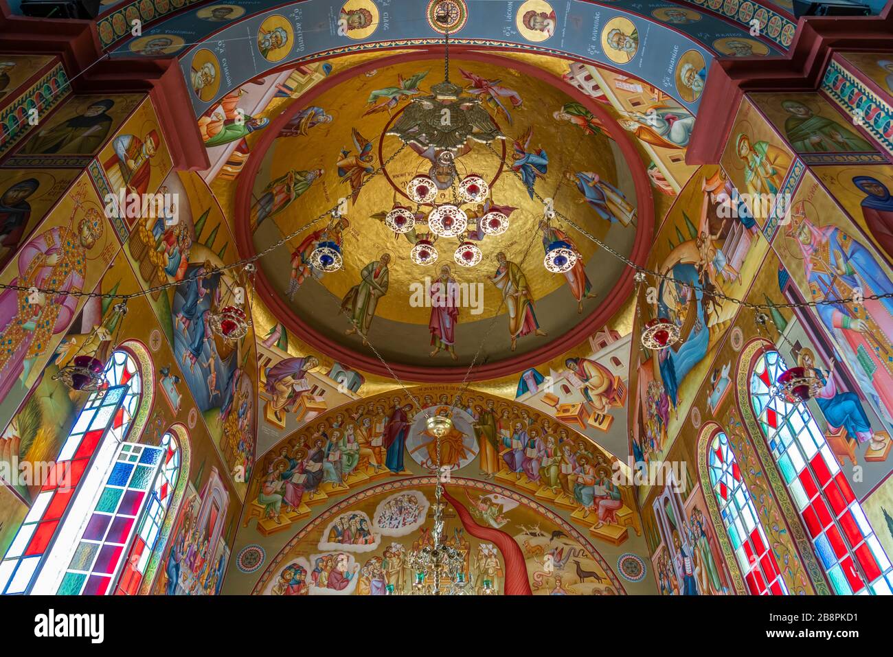 Architettura interna della Chiesa Greco Ortodossa dei sette Apostoli vicino a Capernaum, Mare di Galilea, Israele, Medio Oriente. Foto Stock