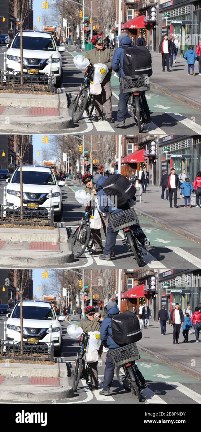 Una disputa sul traffico che ha portato all'assalto e al crimine in batteria di un ciclista cinese di consegna di cibo nel lato orientale superiore, New York, NY. 8 marzo 2020. Foto Stock