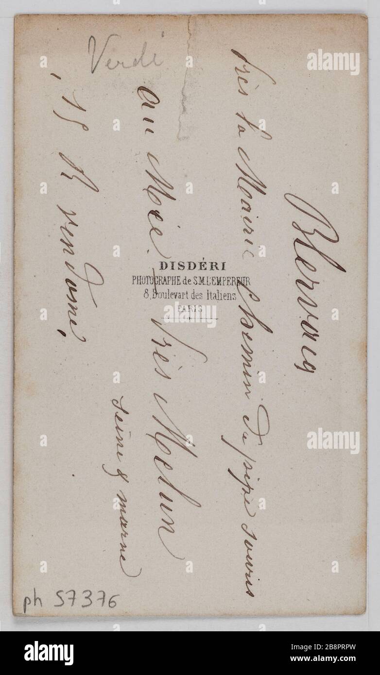 Ritratto di Giuseppe Verdi (1813-1901), compositore d'opera, MP nel 1861 e senatore nel 1874. Ritratto de Giuseppe Verdi (1813-1901), compositeur d'opéra, député en 1861 et sénateur en 1874. Carte de visite (verso). Tirage sur papier albuminé, 1860-1890. Parigi, musée Carnavalet. Foto Stock