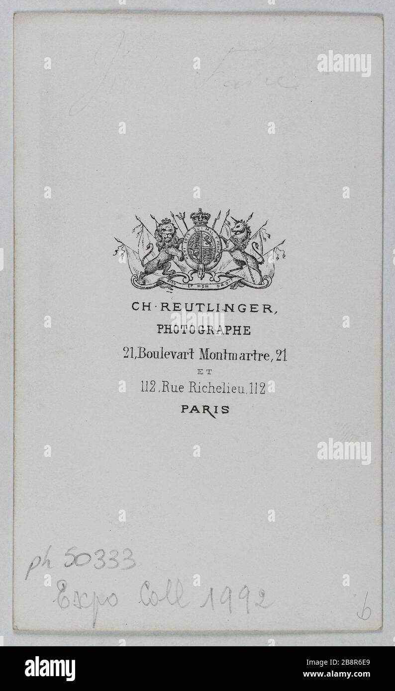 Ritratto di Jules Favre, (1809-1880), (politico, avvocato, membro dell'Accademia francese) Ritratto de Jules Favre (1809-1880), homme politique, avocat, membre de l'Académie française. Carte de visite (verso). Photographie de Charles Reutlinger (1816-1880). Tirage sur papier albuminé. 1870-1890. Parigi, musée Carnavalet. Foto Stock