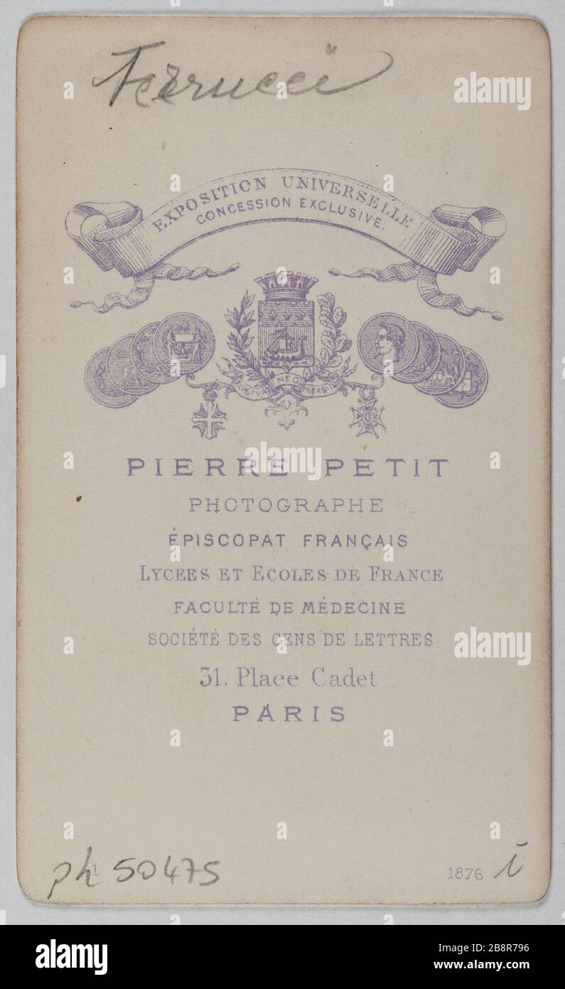 Ritratto di Berthe Ferrucci Pierre Petit (1831-1917). Ritratto di Berthe Ferrucci, canti. Carte de visite (verso). Tirage sur papier albuminé. 1870-1890. Parigi, musée Carnavalet. Foto Stock