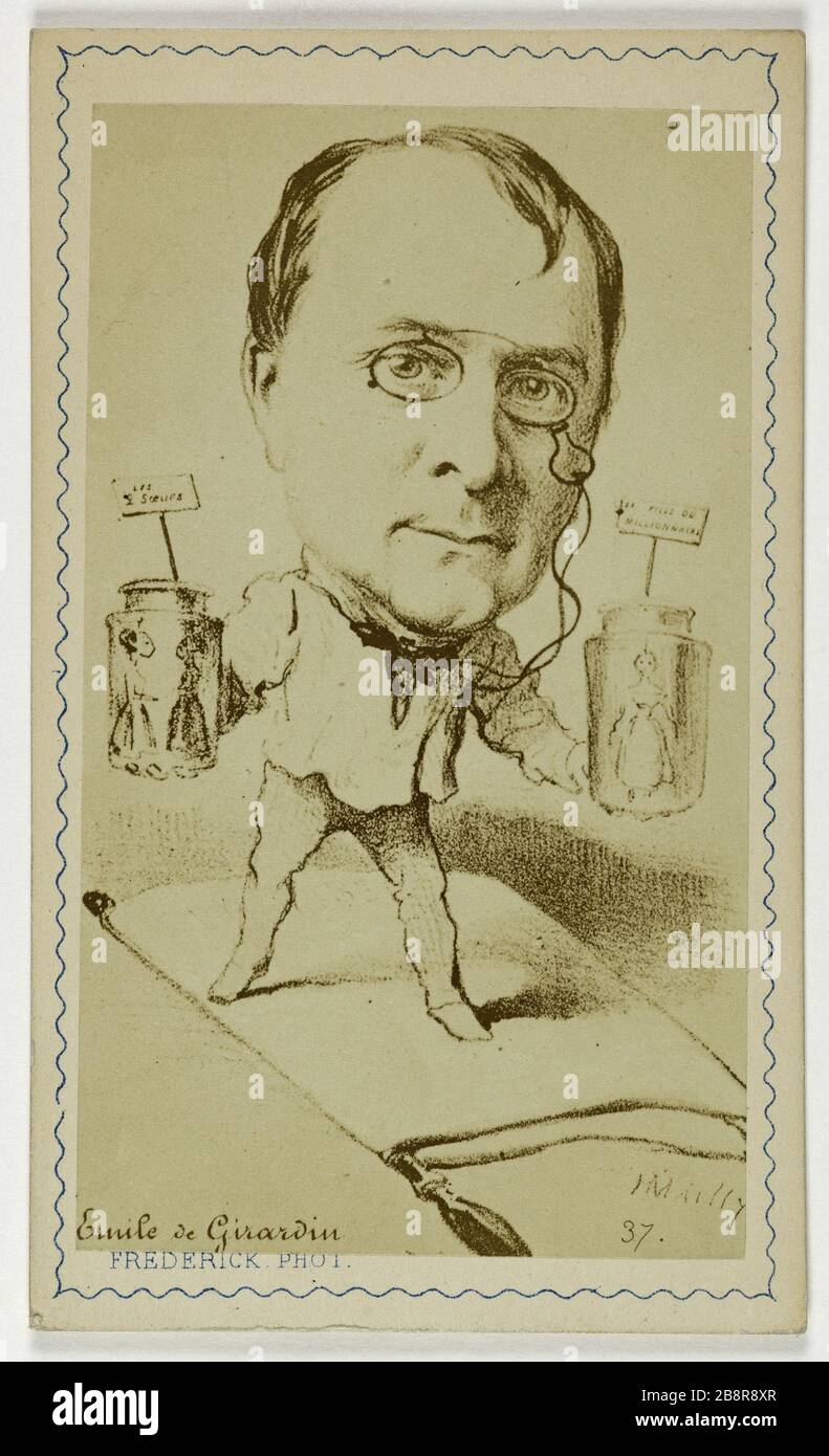 Caricatura di Emile de Girardin (1806-1881), (pubblicista, politico) Photographie de Frédérick. Caricature d'Emile de Girardin (1806-1881), pubbliciste, homme politique. Carte de visite (recto). Tirage sur papier albuminé. 1860-1890. Parigi, musée Carnavalet. Foto Stock