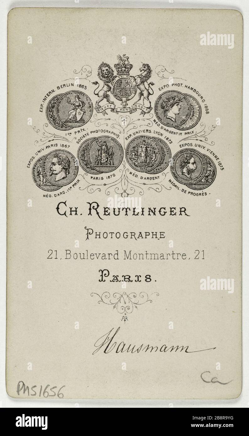 Ritratto di Barone Haussmann (Georges Eugène), (1809-1891), direttore e politico Ritratto du baron Haussmann (Georges, Eugène), (1809-1891), administrateur et homme politique. Carte de visite (verso).Tirage sur papier albuminé. Entre 1860-1890. Photographie de Charles Reutlinger (1816-1880). Parigi, musée Carnavalet. Foto Stock