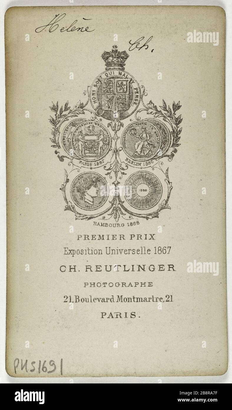 Ritratto di Helena, attrice teatrale Ritratto d'Hélène, attrice de théâtre. Carte de visite (verso).Tirage sur papier albuminé. Entre 1860-1890. Photographie de Charles Reutlinger (1816-1880). Parigi, musée Carnavalet. Foto Stock