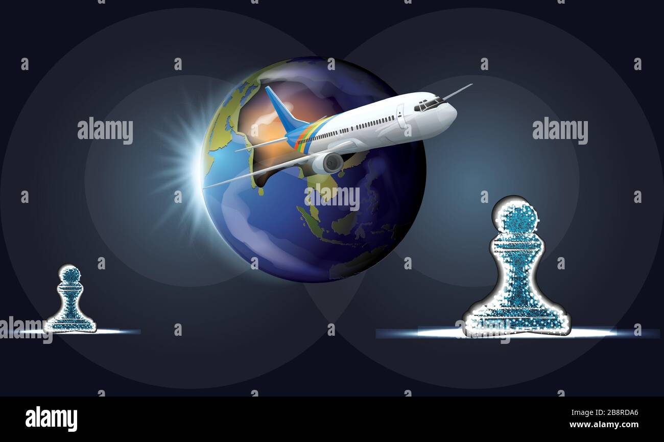 il mondo e la pedina degli scacchi viaggiano in aereo Illustrazione Vettoriale