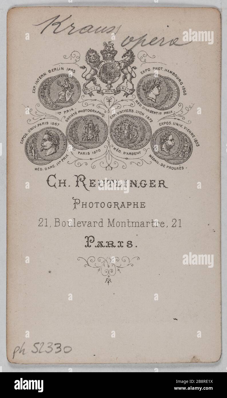 Ritratto di Gabrielle Krauss (1842-1906), duchessa di San Teodoro. Ritratto di Gabrielle Krauss (1842-1906), duchesse de San Teodoro. 1860-1890. Carte de visite (verso). Photographie de Charles Reutlinger (1816-1880). Parigi, musée Carnavalet. Foto Stock
