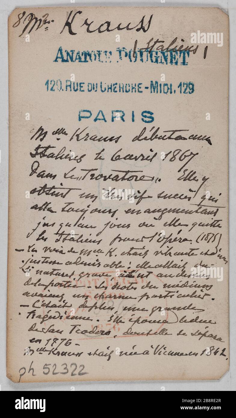 Ritratto di Gabrielle Krauss (1842-1906), duchessa di San Teodoro. Ritratto di Gabrielle Krauss (1842-1906), duchesse de San Teodoro. 1860-1890. Carte de visite (verso). Photographie de Cyrus Anatole Pougnet (actif à partir de 1873). Parigi, musée Carnavalet. Foto Stock
