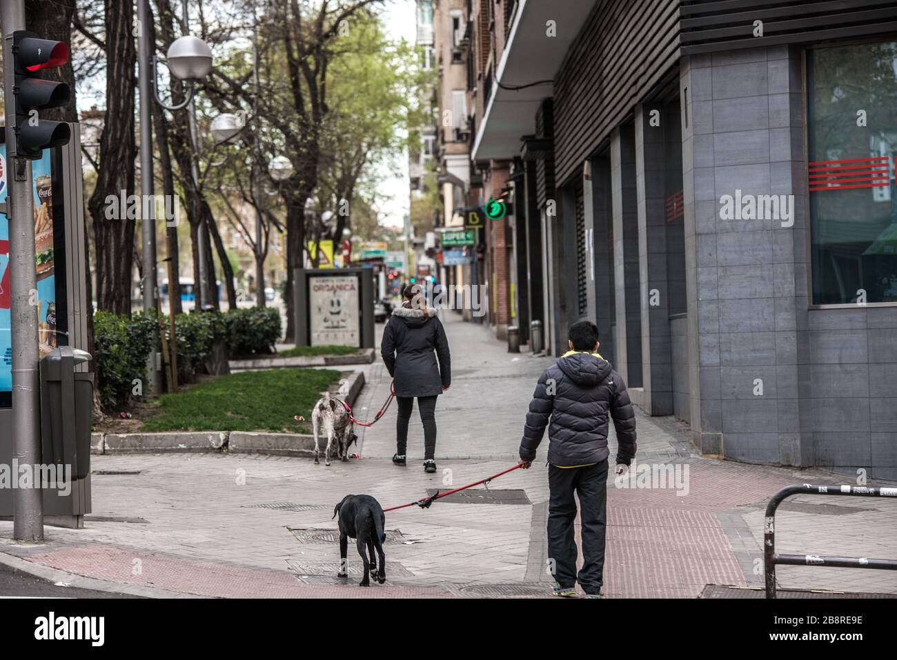 Madrid, Spagna. 22 marzo 2020. Una coppia a piedi con i loro cani su una strada vuota.il numero di persone confermato per essere infetti con il coronavirus (COVID-19) in Spagna è aumentato ad almeno 25,400, con l'ultimo numero di morti che raggiunge 1,381 secondo il Ministero della Salute del paese. L’Europa è diventata l’epicentro dell’epidemia di COVID-19, con un terzo dei casi segnalati a livello globale che provengono ora dalla regione. Credit: SOPA Images Limited/Alamy Live News Foto Stock