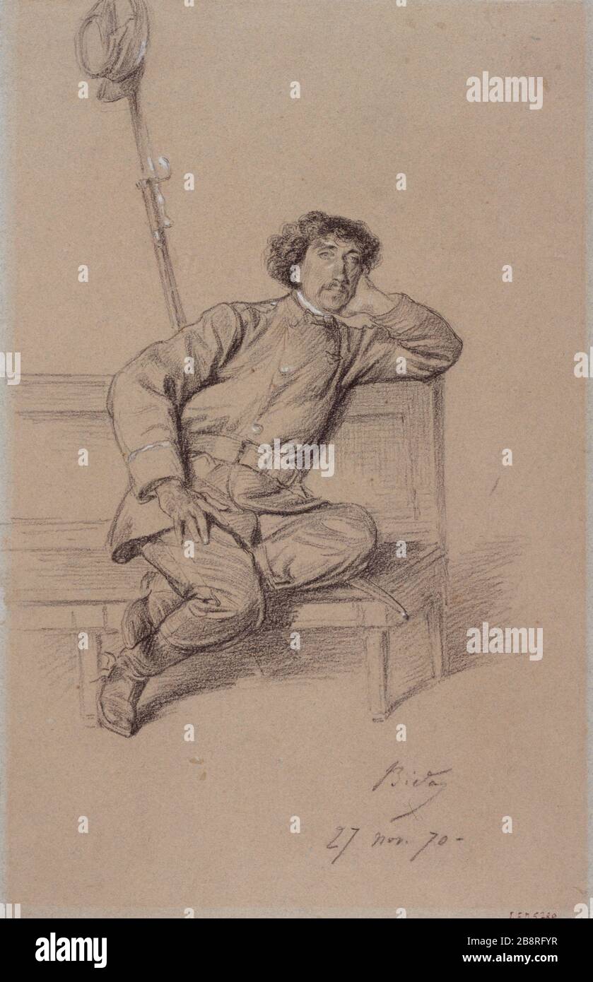 RITRATTO DI CARLO GARNIER DURANTE LA SEDE DI PARIGI ALEXANDRE BIDA (1823-1895). "Portrait de Charles Garnier (1825-1898), pendant le siège de Paris, 27 novembre 1870". Dessin. Parigi, musée Carnavalet. Foto Stock