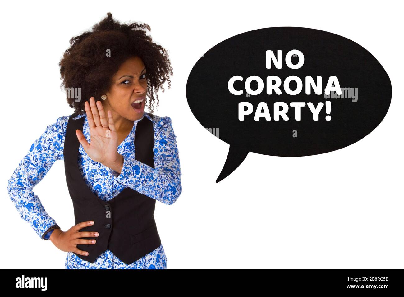 Concetto: Femminile Afro american dire NO Corona Party Foto Stock